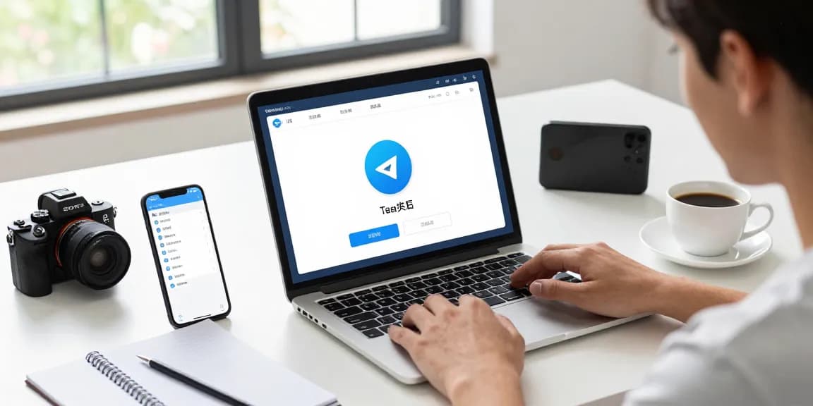 Setting up Telegram Chinese language on a laptop in a modern workspace