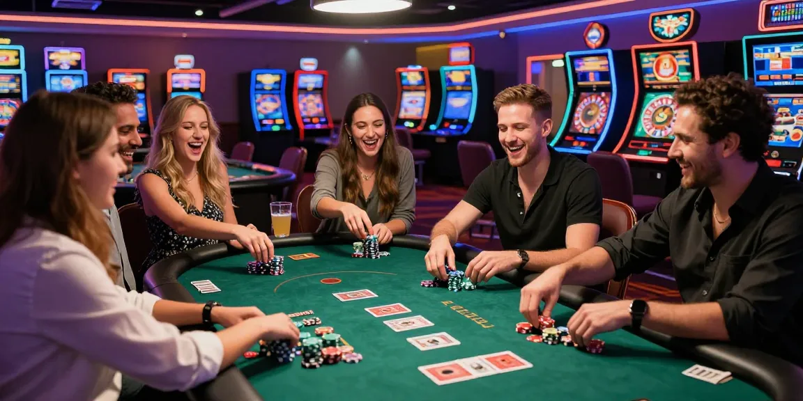 Experience the thrill of rokok88 at a lively casino table with friends and vibrant atmosphere.