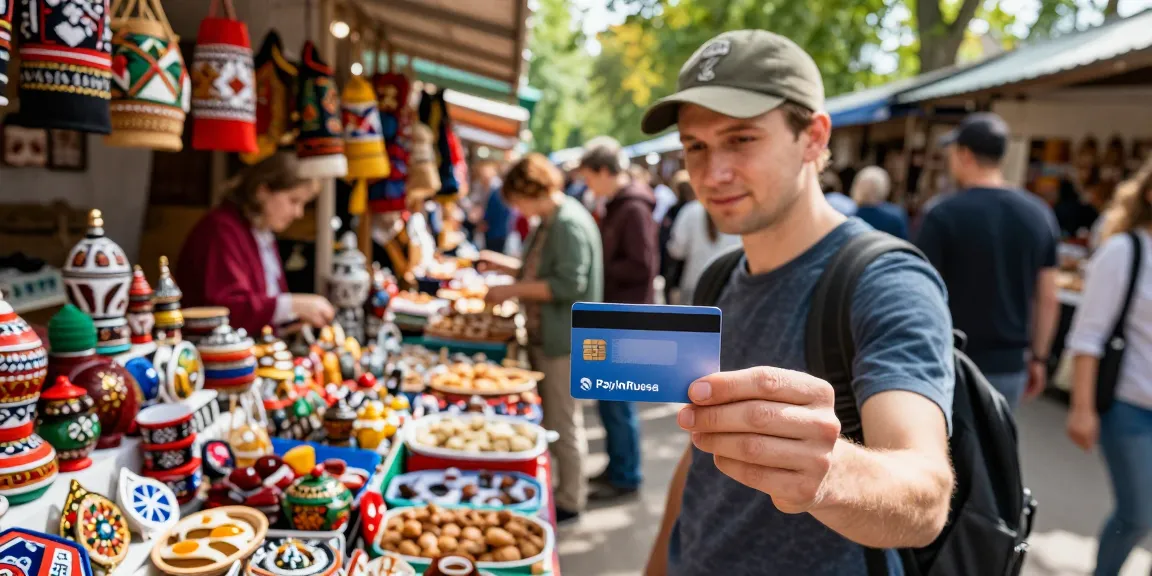 Explorador en un mercado en Rusia utilizando https://payinrussia.com/ para pagar productos locales.