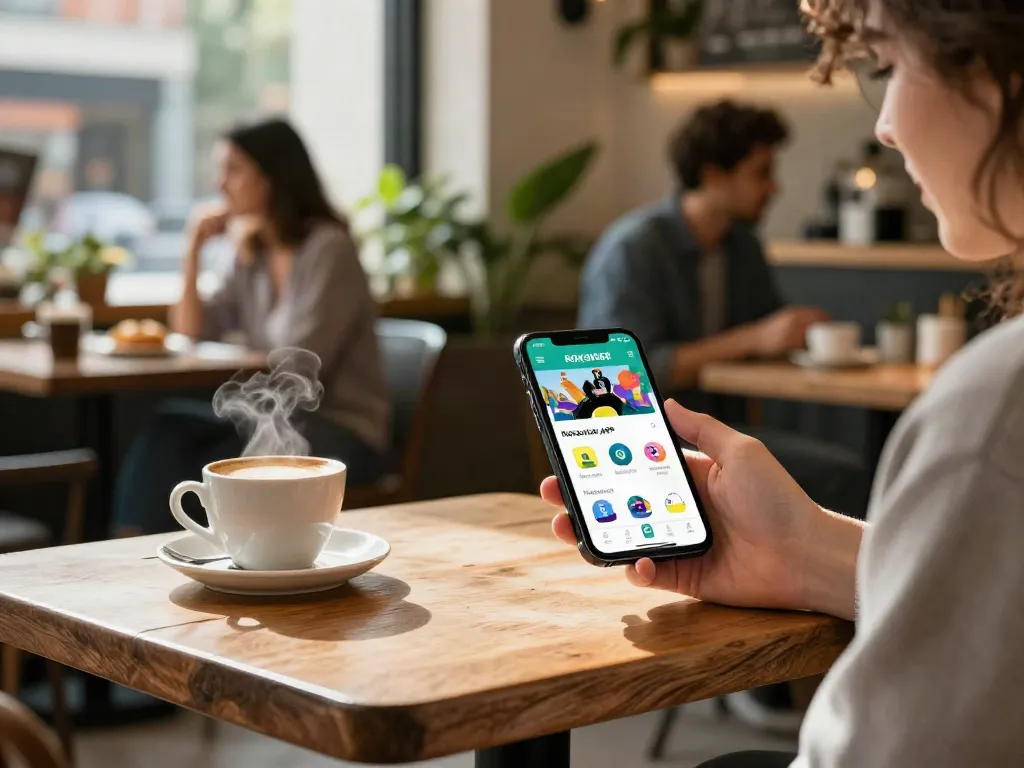 Engaged user exploring rokok88 apk app in a cozy café.