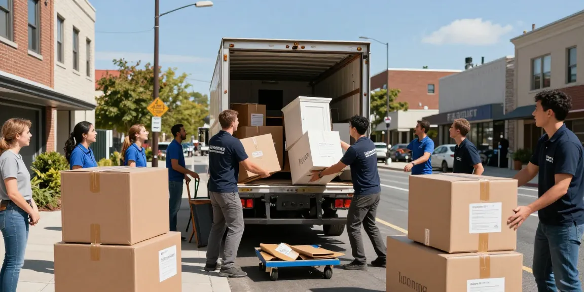 Professional movers organizing items for a Flyttebyrå in urban setting during moving day.