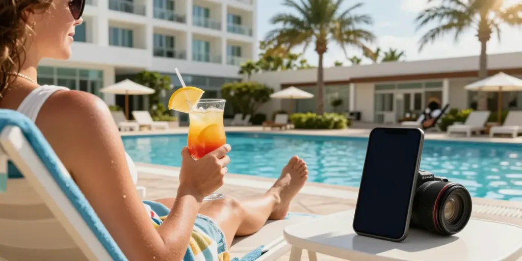 Traveler enjoying modern amenities at the Carter Hotel poolside, showcasing ROKOK88 booking experience.