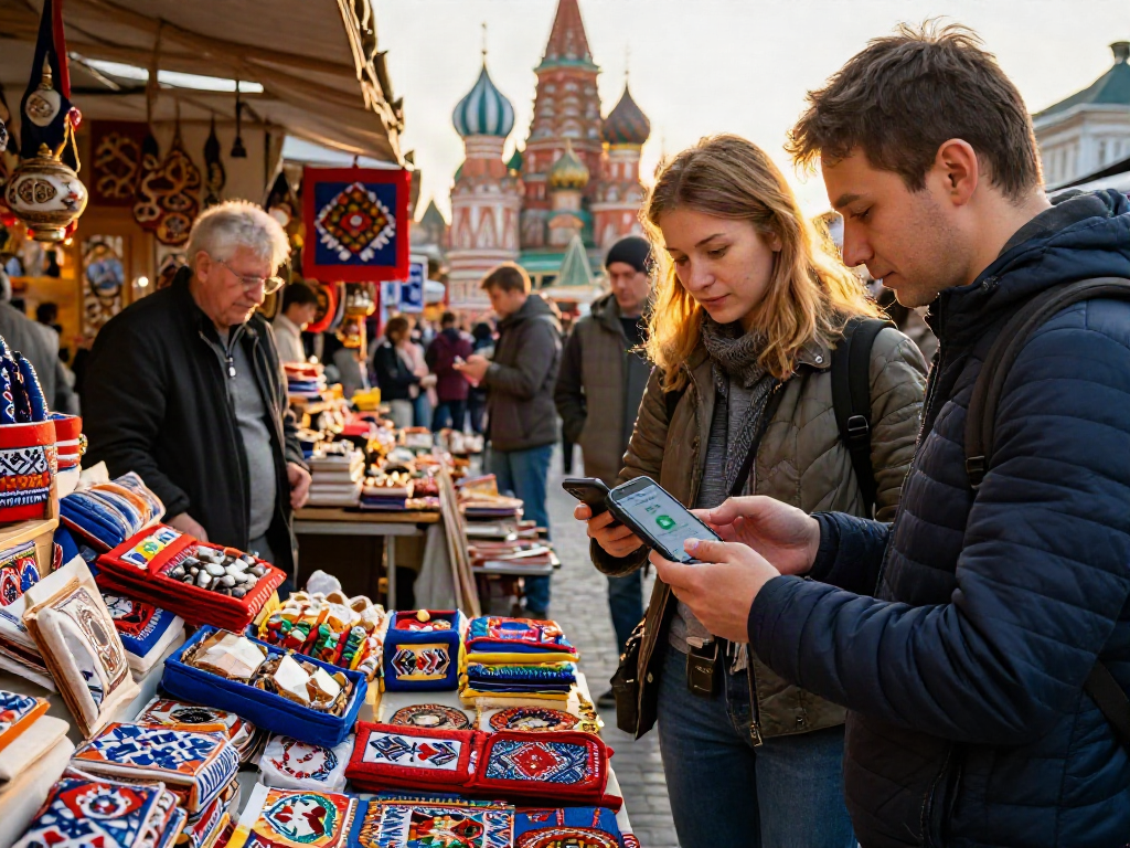 Pago en Rusia con https://payinrussia.com/ para turistas en un bullicioso mercado, resaltando la conveniencia en el uso de aplicaciones móviles.