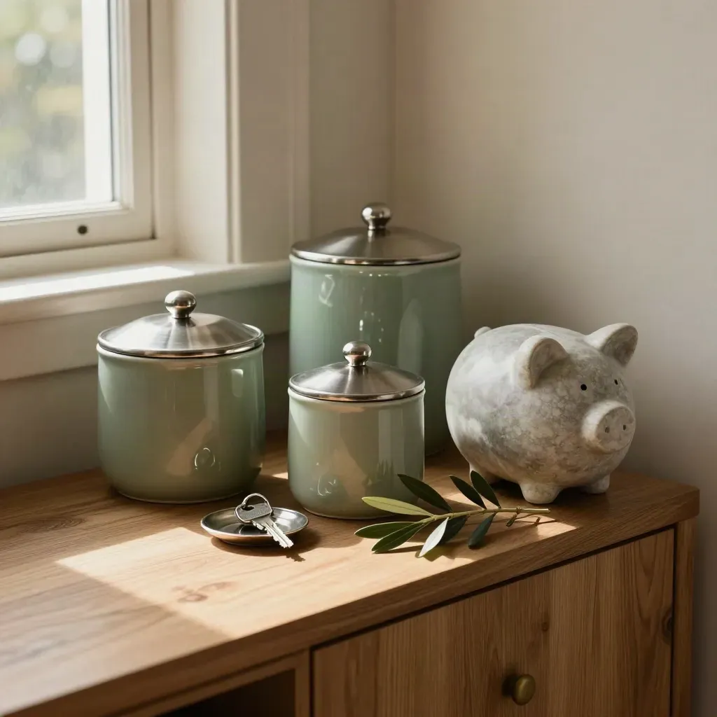 Hemmakänsla med sparburkar, stenvas och nyckelskål på en varm sideboard i solljus.