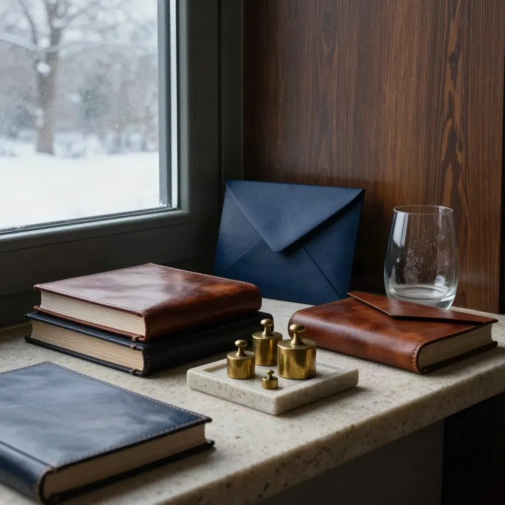 Läderfolior, brassvikter och en förseglad box i vinterljus i ett elegant kapitalrum.