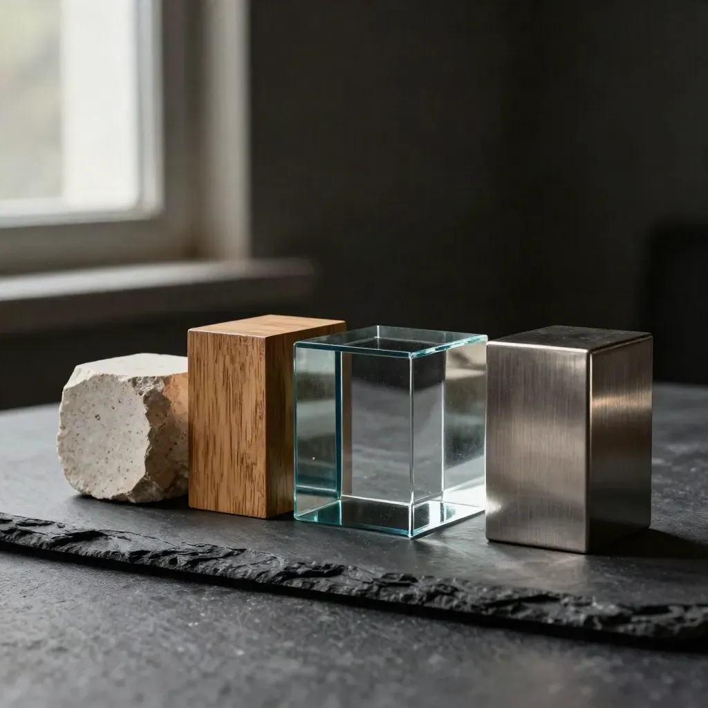 Fyra materialblock på en skifferplint symboliserar en balanserad portfölj i blågrå ton.