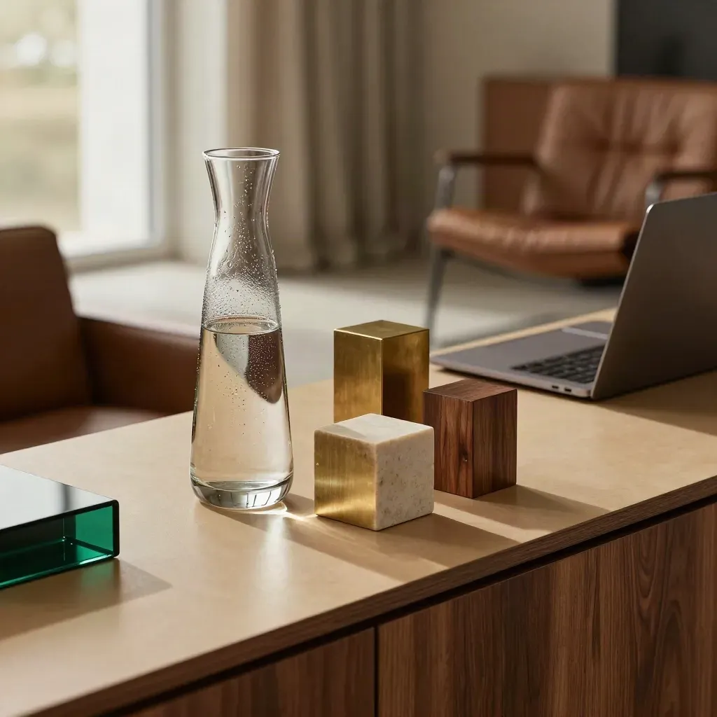 Takvy över en startup-sideboard med glaskaraff, tre fördelningsblock och stängd laptop.