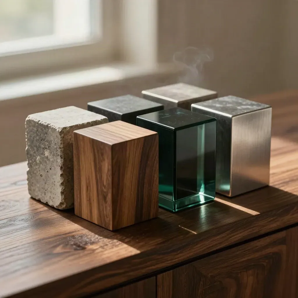 Fyra materialblock för portföljrådgivning i sten, trä, glas och metall.