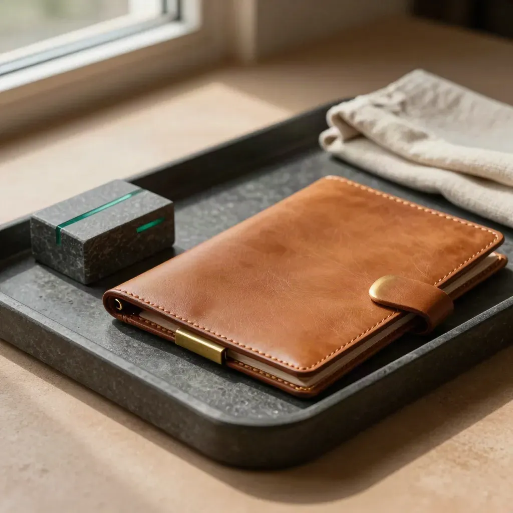 Brun läderfolio, mässingsspänne och strukturblock på mörk stenbricka i mjukt sidoljus.