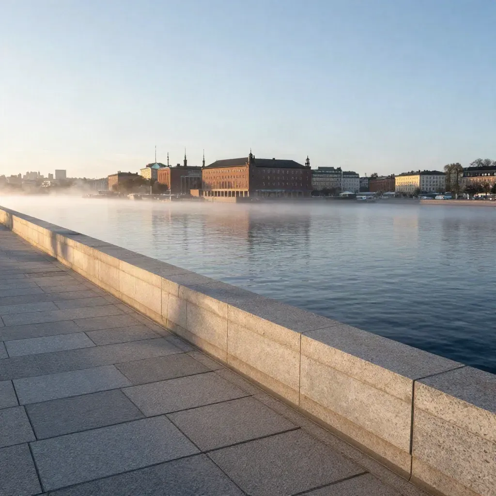 Stockholms län med Stadshuset över dimmig blå morgon vid vattnet