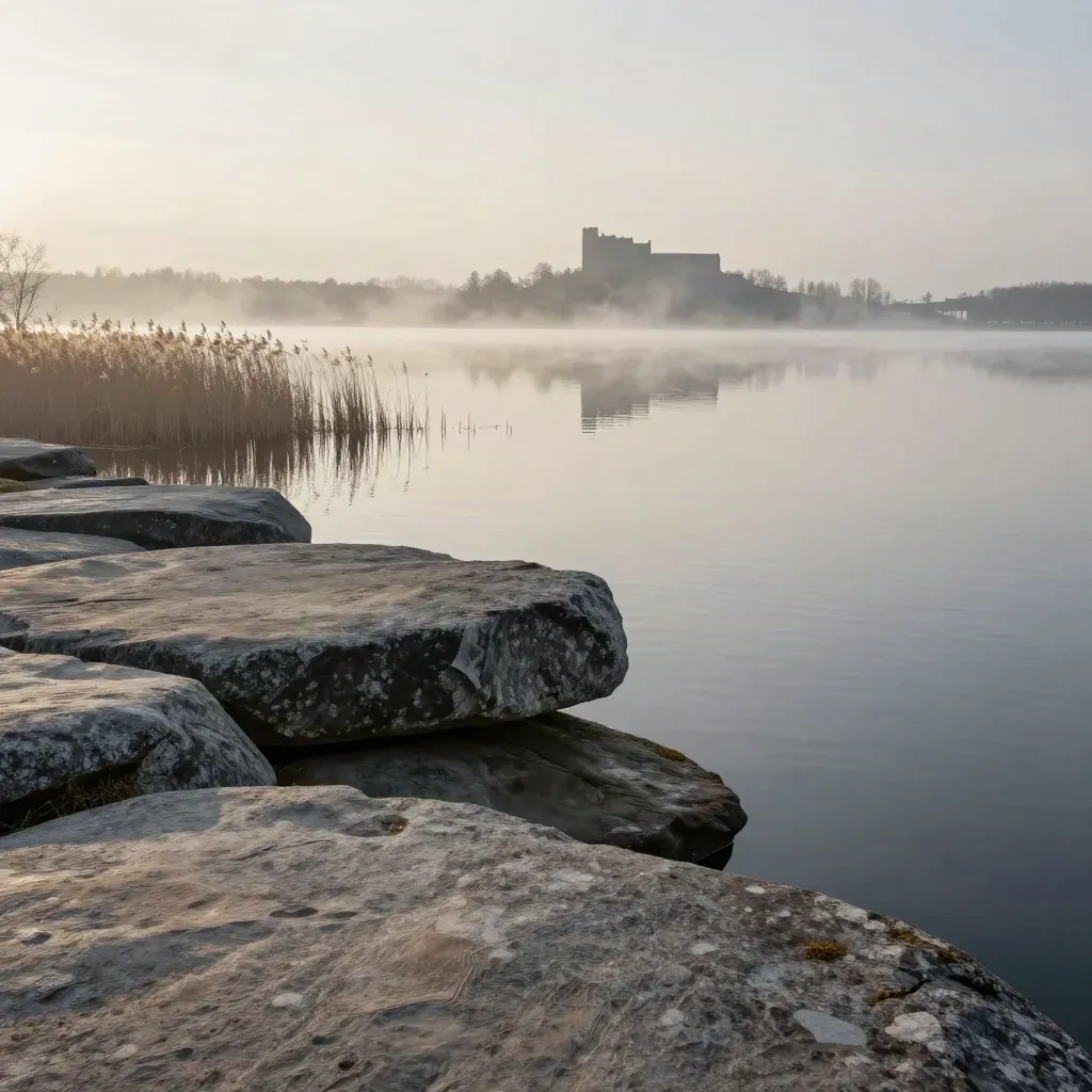 Granitstrand och stilla sjö i Mälardalen med avlägsen borgsilhuett i dimma.