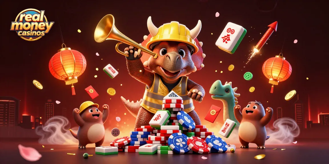 Engage in real money casinos excitement with lively dinosaurs building poker chip pyramids.