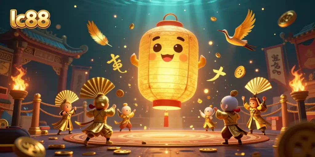 Experience winning moments at lc88 with a vibrant casino illustration featuring golden lanterns and energetic spirits.