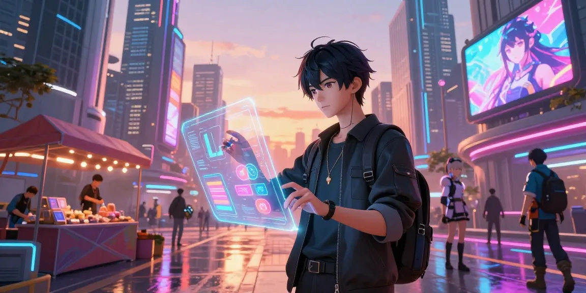 AI-generated anime character interacting with holographic display in a vibrant cyberpunk cityscape, showcasing elements of ai hentai in futuristic art.