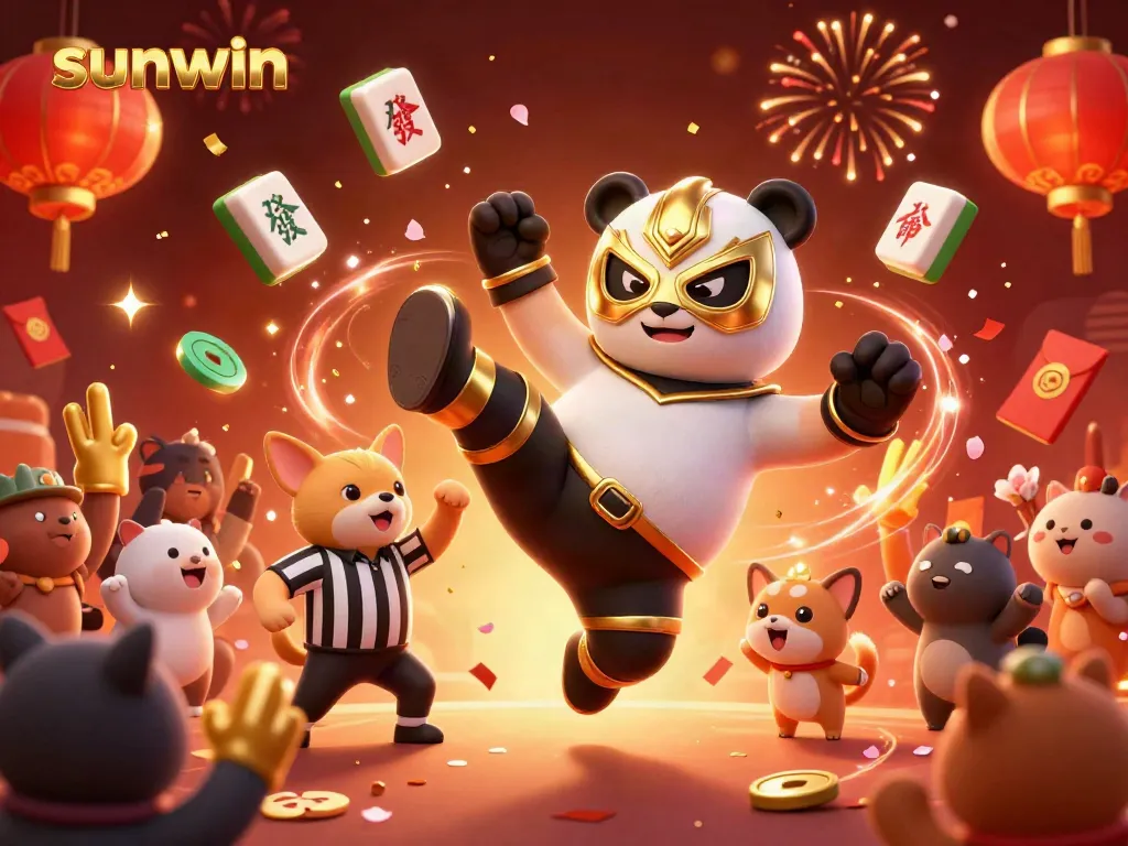 Experience excitement with sunwin as a panda wrestler leaps in action, energized by cheering animal fans and vibrant casino elements.