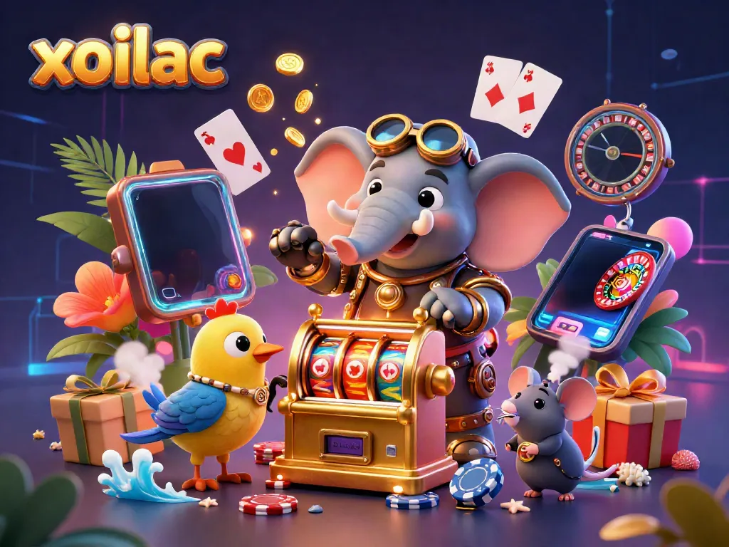 Xoilac themed illustration showing a steampunk elephant engaging with vibrant casino elements.
