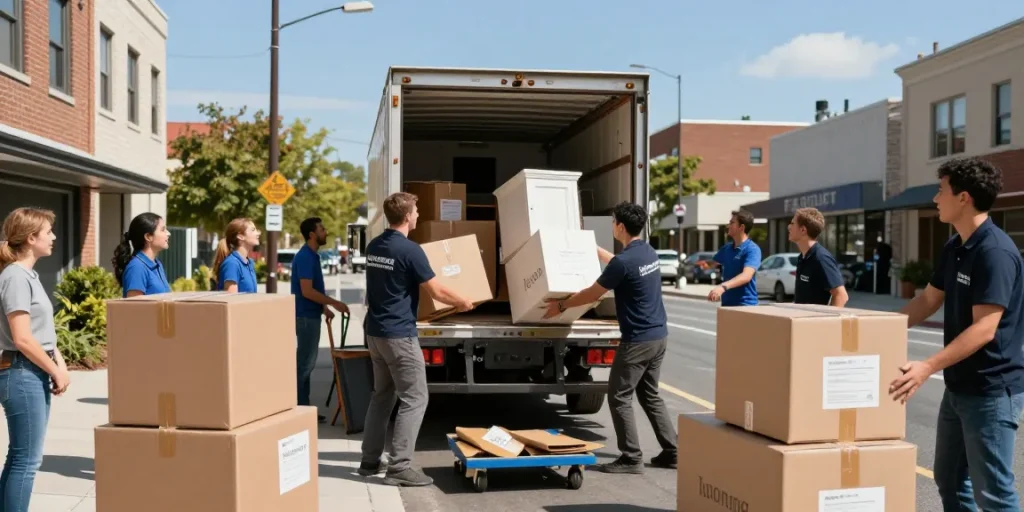 Professional movers organizing items for a Flyttebyrå in urban setting during moving day.
