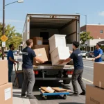 Professional movers organizing items for a Flyttebyrå in urban setting during moving day.