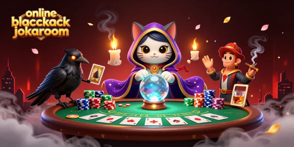 Experience the thrill of online blackjack jokaroom with a mystical cat and vibrant gaming elements.