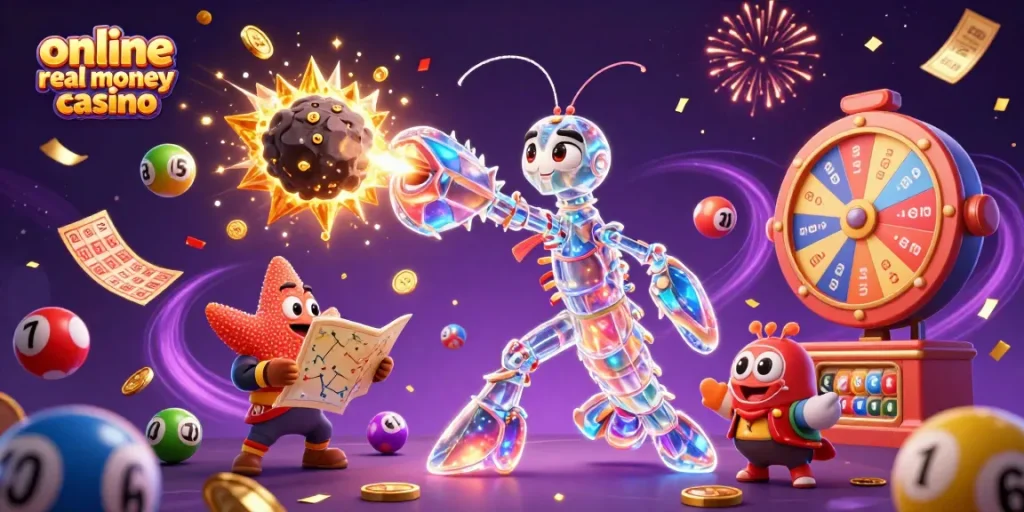 A colorful scene showcasing an online real money casino theme, featuring a galactic mantis shrimp and starfish amidst dynamic gaming elements.