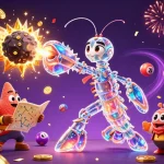 A colorful scene showcasing an online real money casino theme, featuring a galactic mantis shrimp and starfish amidst dynamic gaming elements.